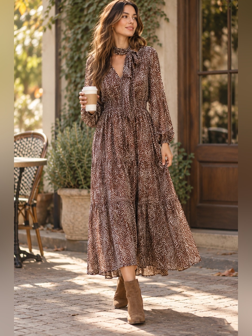 entro Brown and Cream Printed Tie-Neck Maxi Dress